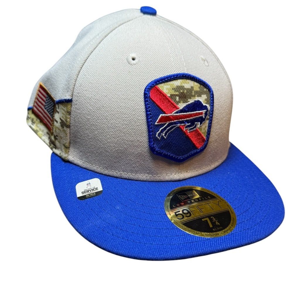 🏈 New Era Buffalo Bills 59FIFTY Salute to‎ Service Hat 7 3/4 Blue & Stone 🇺🇸